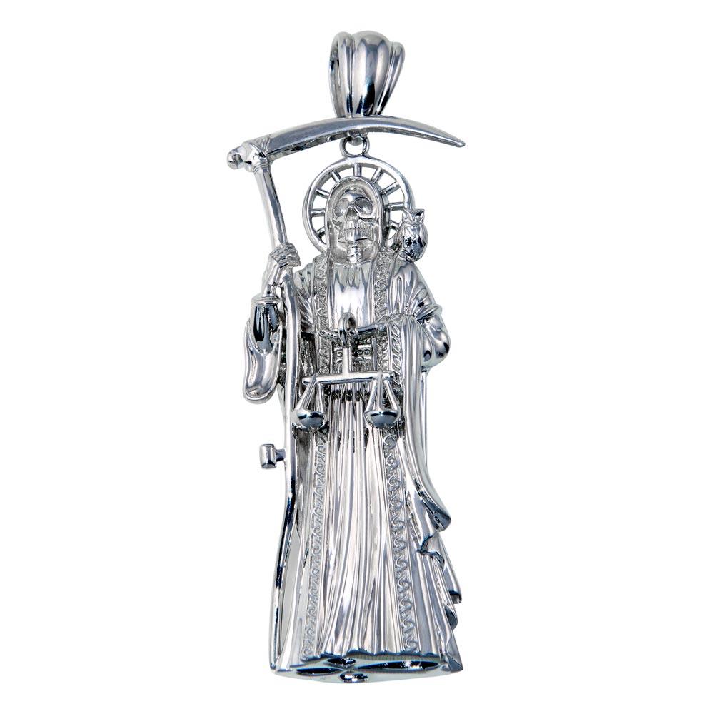 Rhodium Plated 925 Sterling Silver Hollow Santa Muerte Pendant 71mm - GMP00090