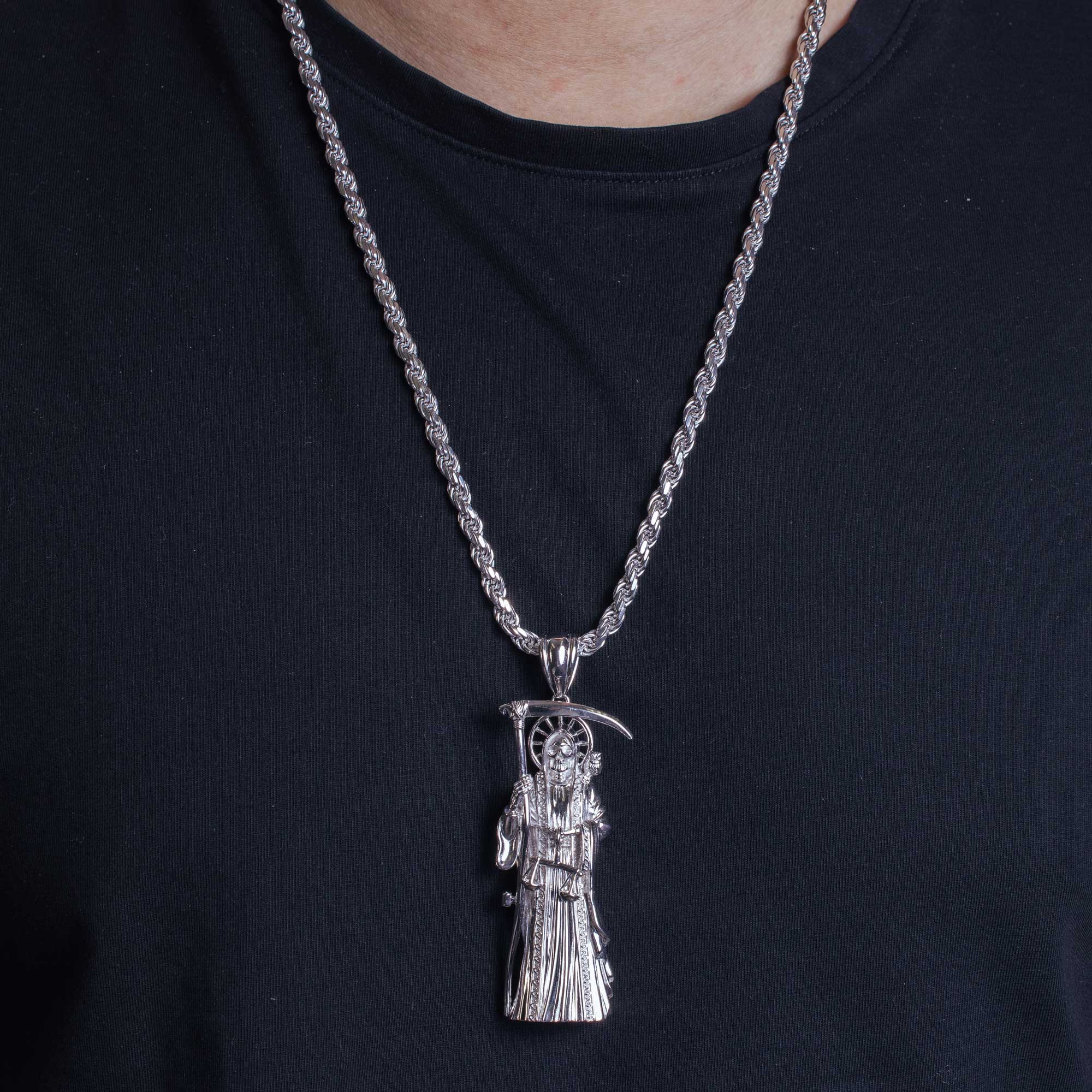 Rhodium Plated 925 Sterling Silver Hollow Santa Muerte Pendant 71mm - GMP00090