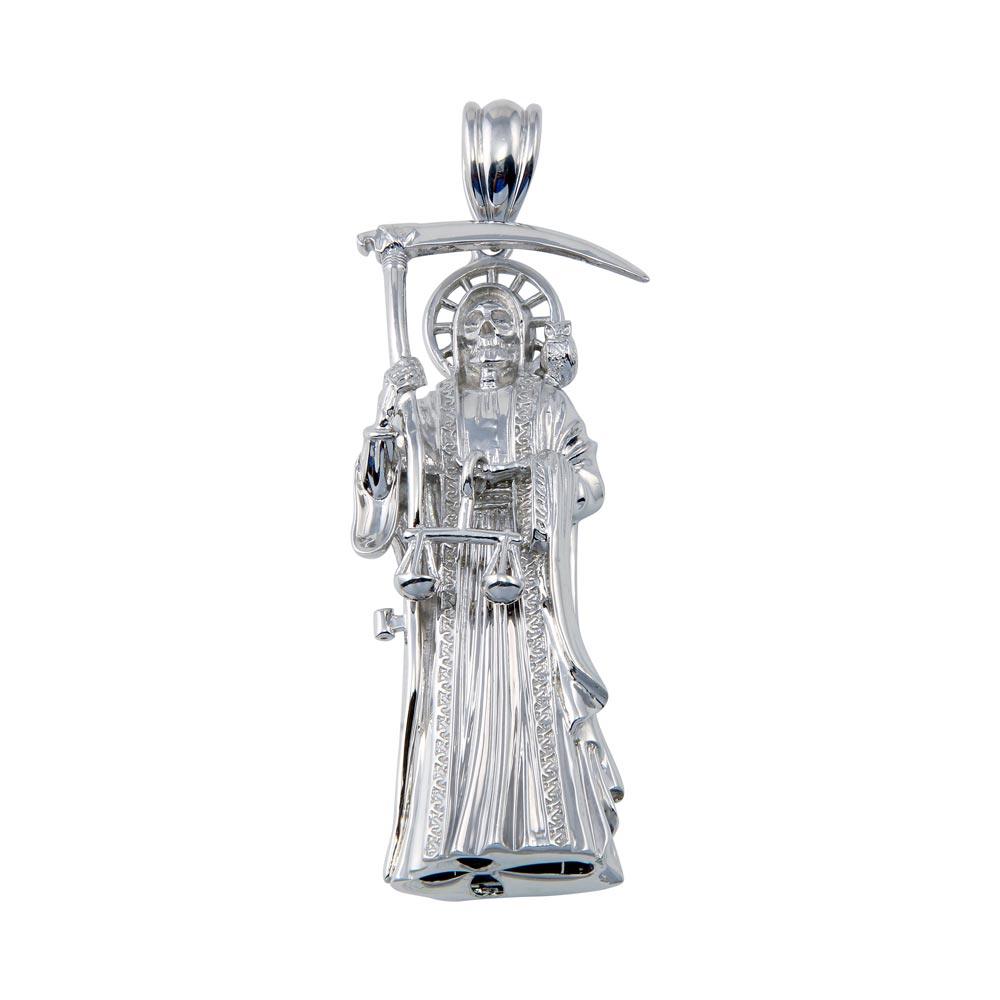 Rhodium Plated 925 Sterling Silver Hollow Santa Muerte Pendant 60mm - GMP00093