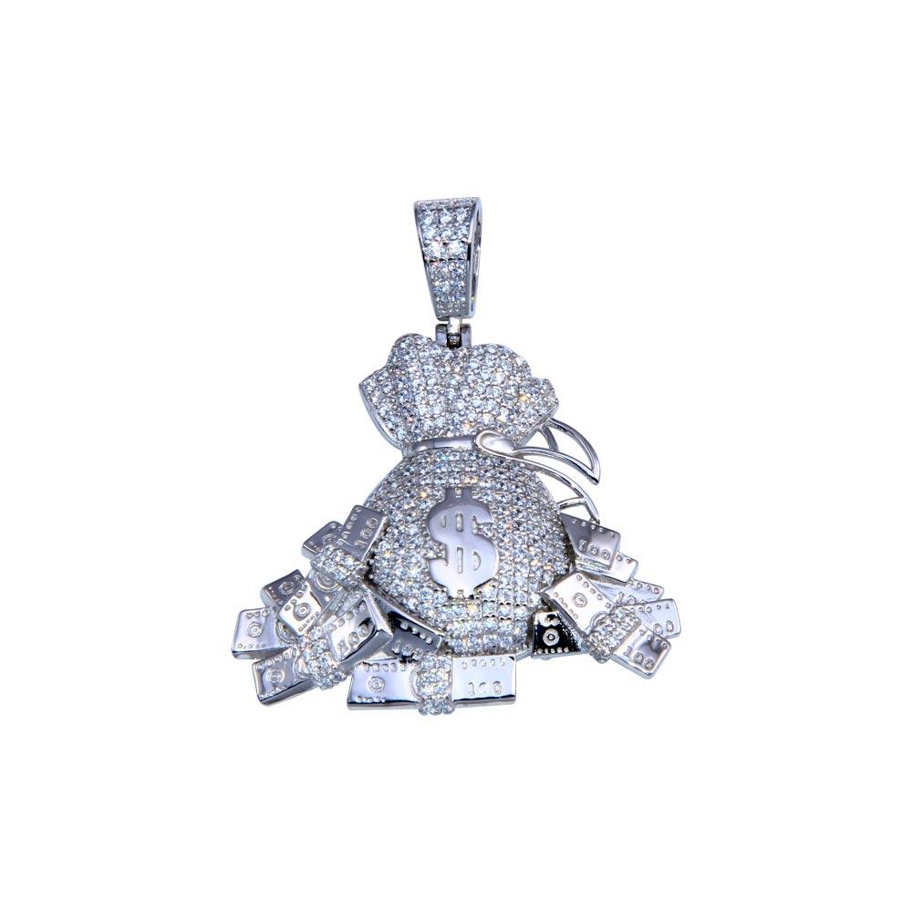 Rhodium Plated 925 Sterling Silver CZ Cash Bag Pendant - GMP00096