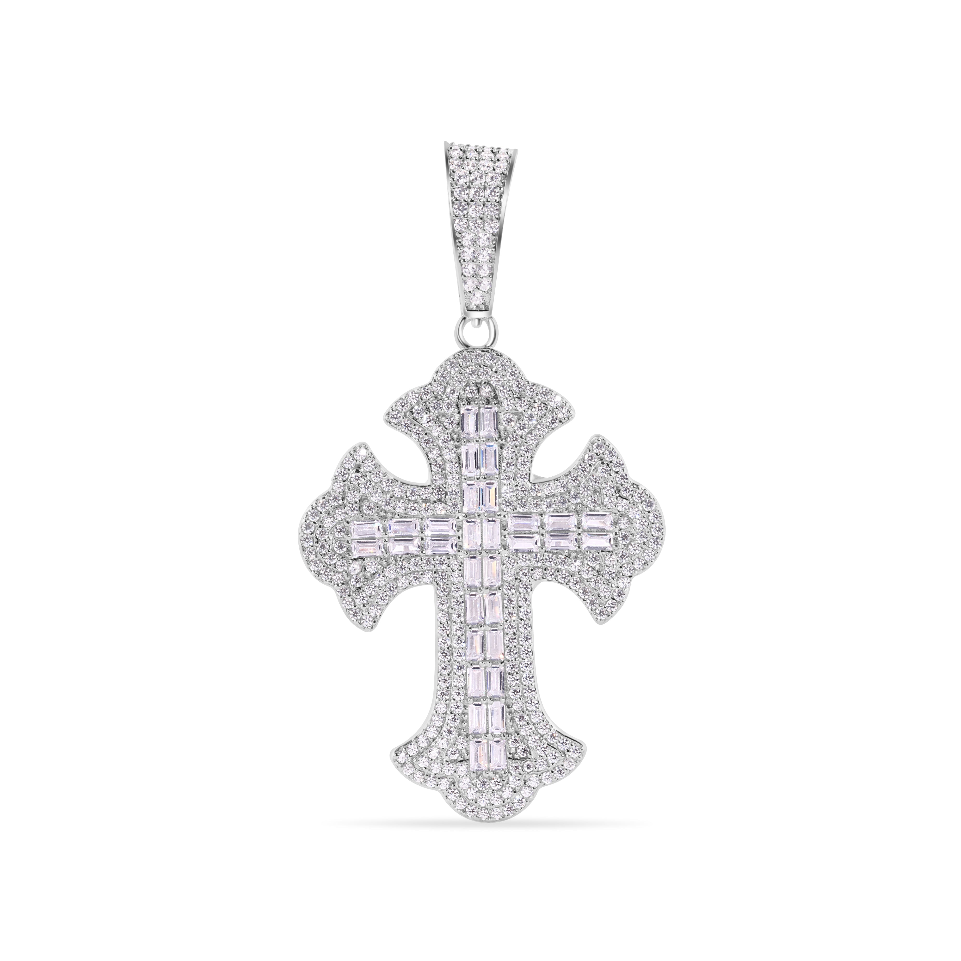 Rhodium Plated 925 Sterling Silver 43.8mm Fleur De Lis Cross Baguette Cut Clear CZ Pendant - GMP00159