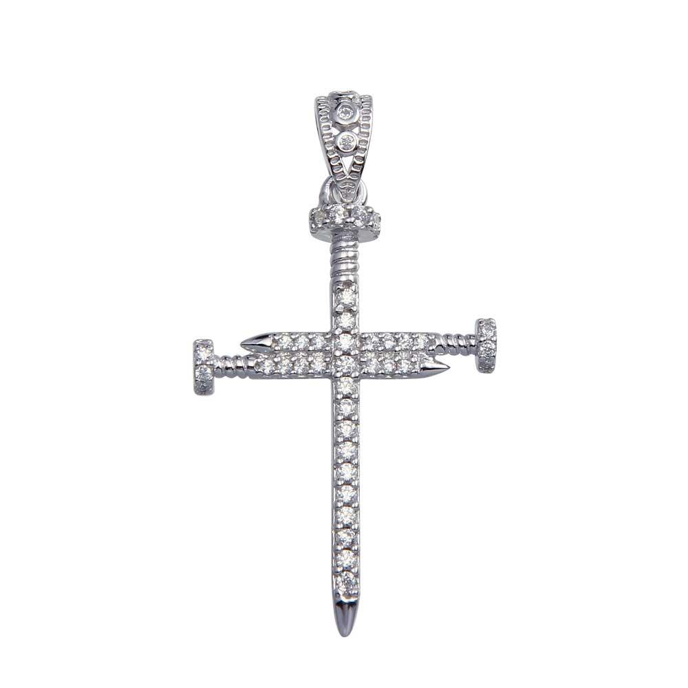 Rhodium Plated 925 Sterling Silver Nail Cross CZ Pendant - GMP00077