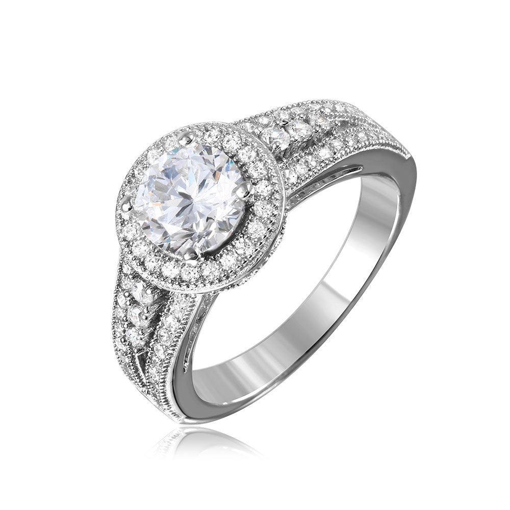 Silver 925 Rhodium Plated Halo Ring with CZ Split Shank Band - GMR00104