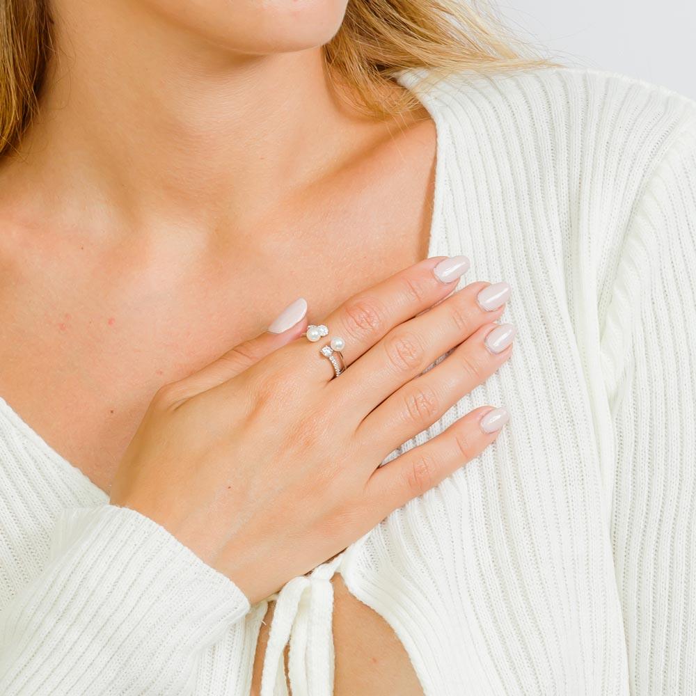 Silver 925 Rhodium Plated 2 Row CZ and Synthetic Pearl Ring - GMR00131