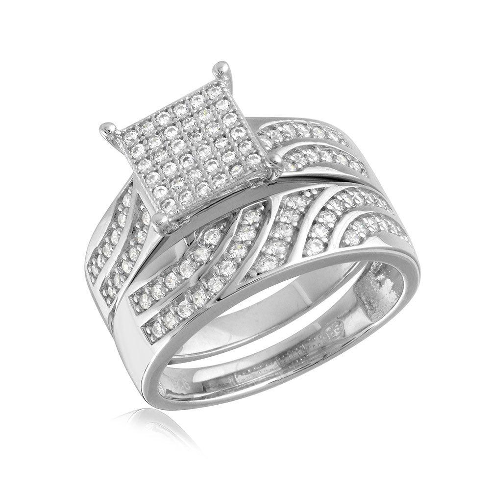 Rhodium Plated 925 Sterling Silver Wave CZ Band Square Center Micro Pave Stones Wedding Ring - GMR00154