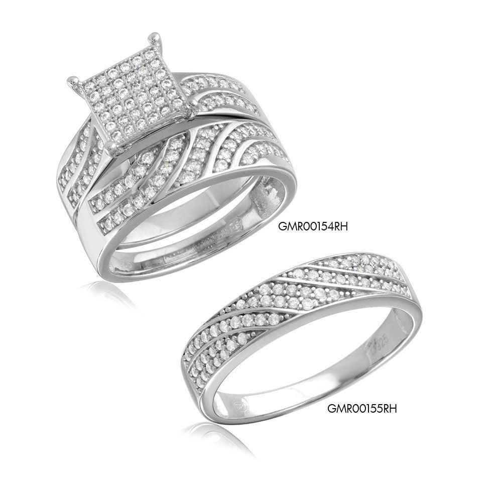 Rhodium Plated 925 Sterling Silver Wave CZ Band Square Center Micro Pave Stones Wedding Ring - GMR00154