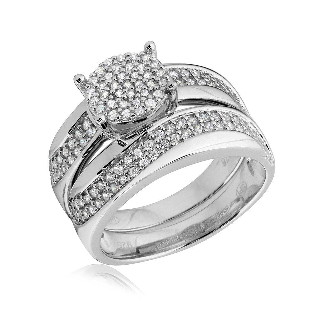 Rhodium Plated 925 Sterling Silver Wave CZ Band Round Center Cluster Stones Wedding Ring - GMR00176