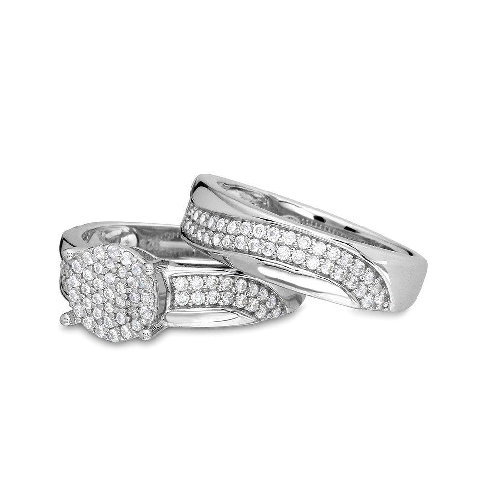 Rhodium Plated 925 Sterling Silver Wave CZ Band Round Center Cluster Stones Wedding Ring - GMR00176