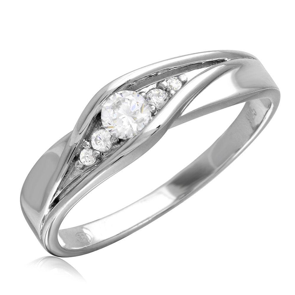 Rhodium Plated 925 Sterling Silver Round CZ Center Stones Wedding Ring - GMR00185