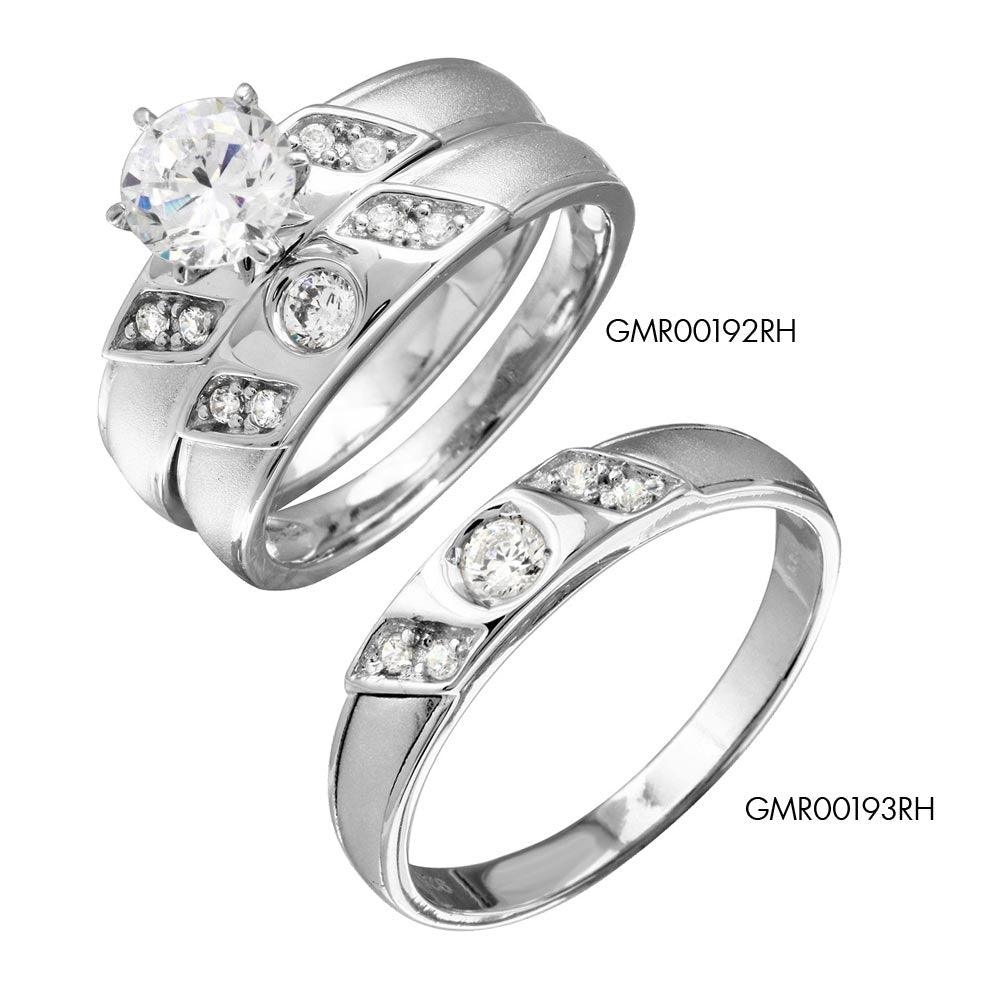 Rhodium Plated 925 Sterling Silver Slash CZ Trios Bridal CZ Ring - GMR00192