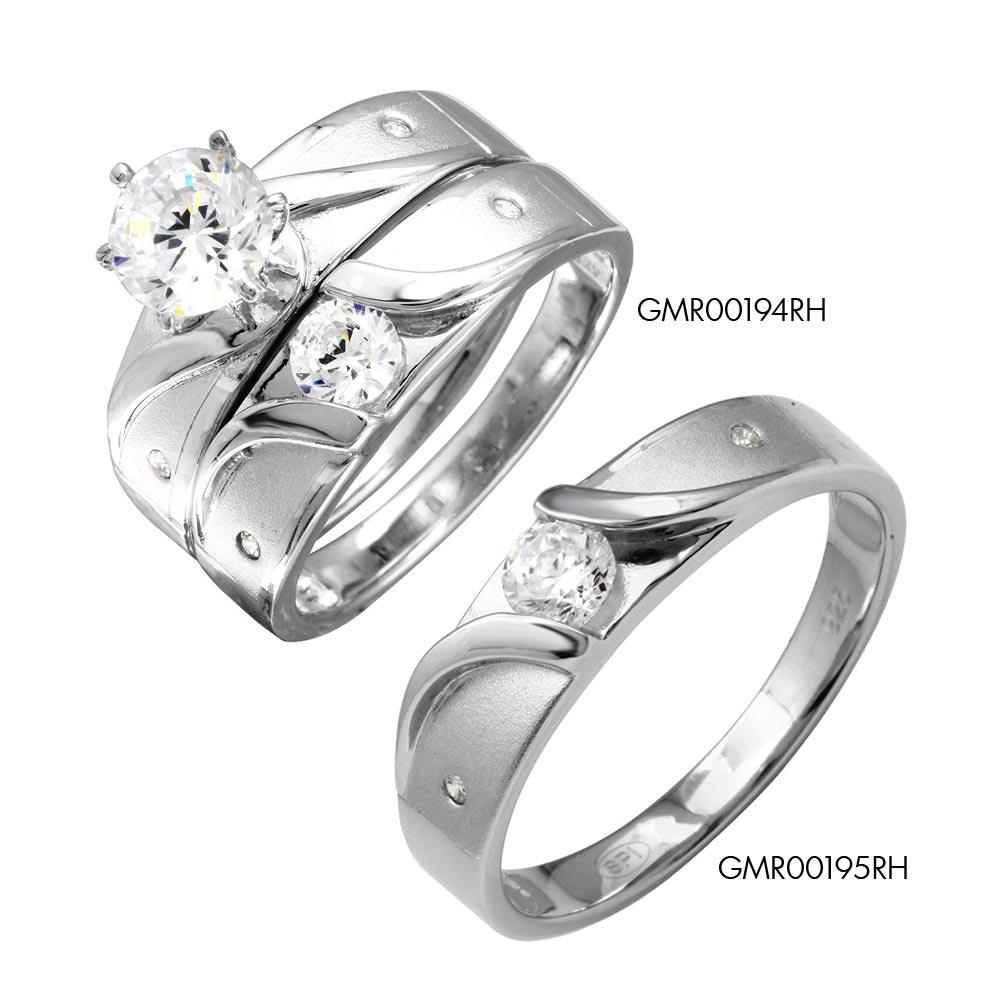 Rhodium Plated 925 Sterling Silver Sideways Design Matte Finish Trio Ring - GMR00194