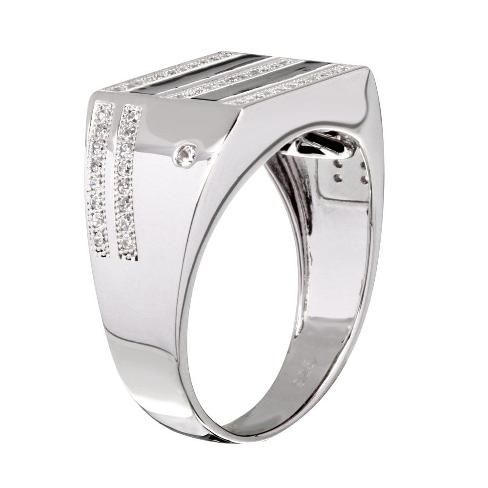 Two-Tone 925 Rhodium Plated 925 Sterling Silver Black Enamel CZ Men's Ring - GMR00217