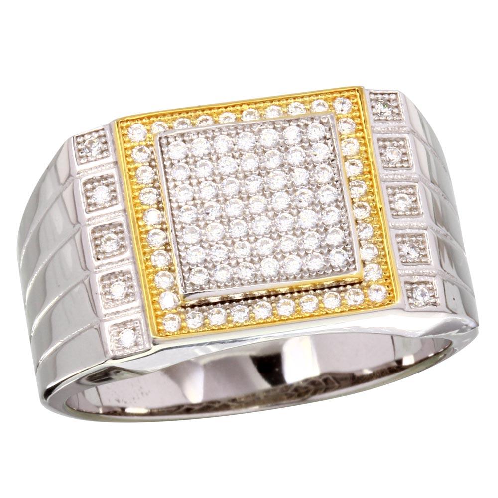 Two-Tone 925 Rhodium Plated 925 Sterling Silver Square CZ Encrusted Men's Ring - GMR00218RG