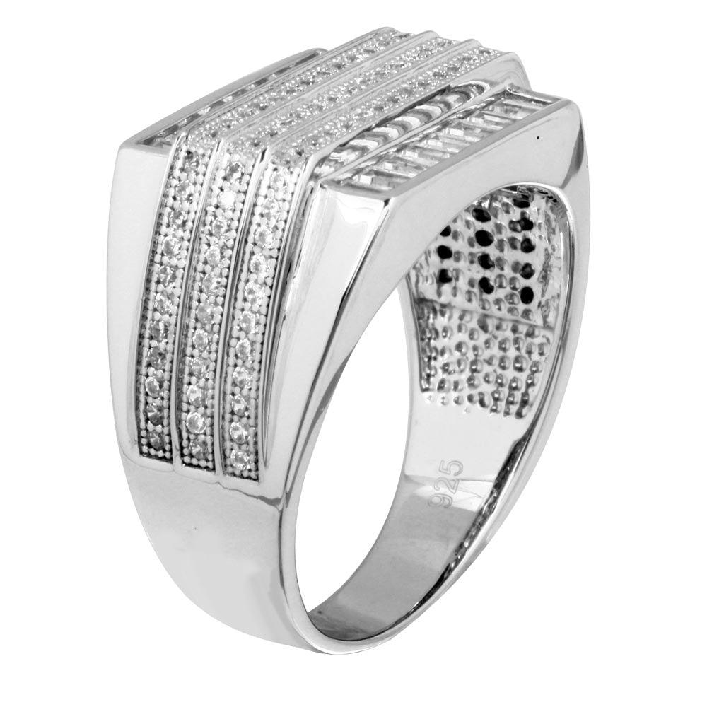 Rhodium Plated 925 Sterling Silver Men's 3 Bar CZ Ring - GMR00222