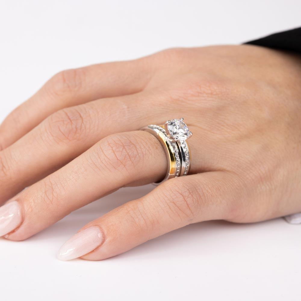 Two-Tone 925 Sterling Silver Gold and Rhodium Plated Stackable Double Rings with CZ - GMR00262RG