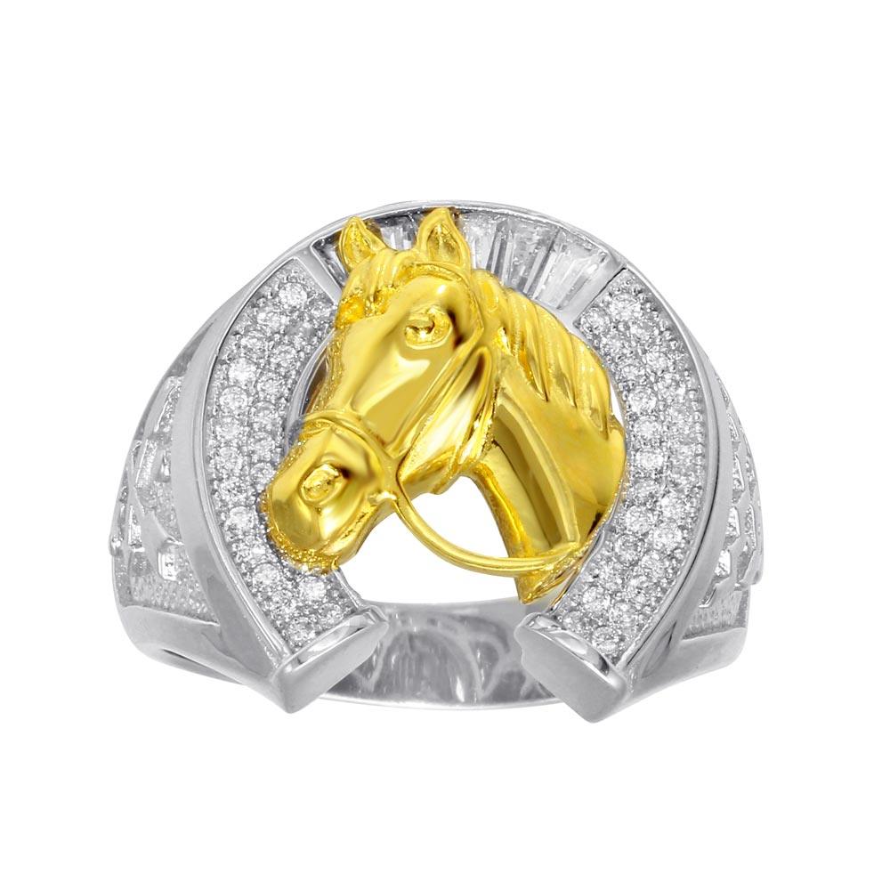 Two-Tone 925 Sterling Silver Men's 925 Sterling Silver CZ Horse Shoe Gold Horse Ring - GMR00278RG