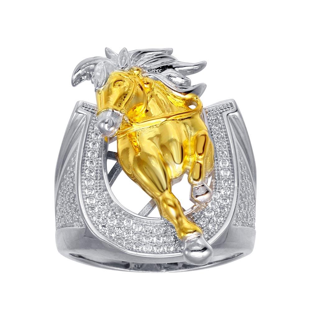 Two-Tone 925 Sterling Silver Men's 925 Sterling Silver CZ Horse Shoe Gold Horse Ring - GMR00281RG