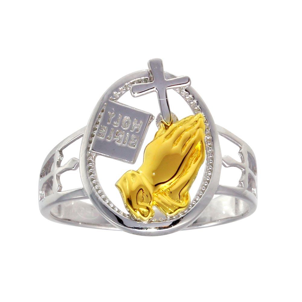 2 Toned Plated 925 Sterling Silver Praying Hand with Cross Ring - GMR00292RG