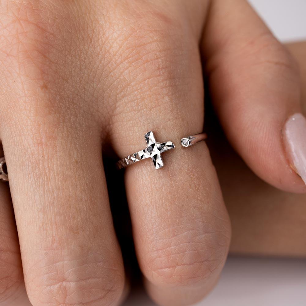 Rhodium Plated 925 Sterling Silver CZ Diamond Cut Open Cross Ring - GMR00297