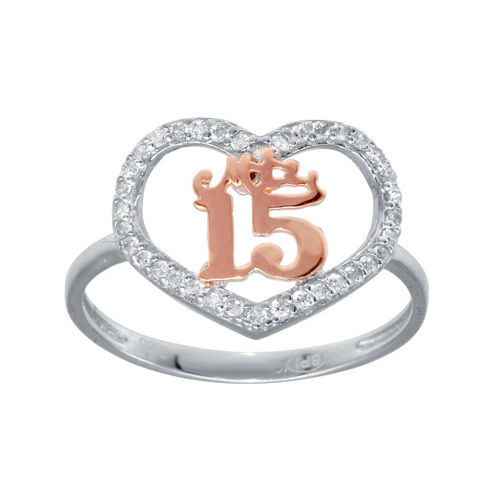 Two-Tone Silver CZ Quinceanera Heart Ring - GMR00301RHR