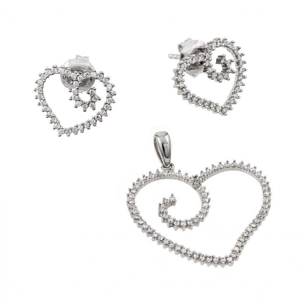 Silver 925 Rhodium Plated Clear Open Heart CZ Stud Earring and Necklace Set - GMS00002RH