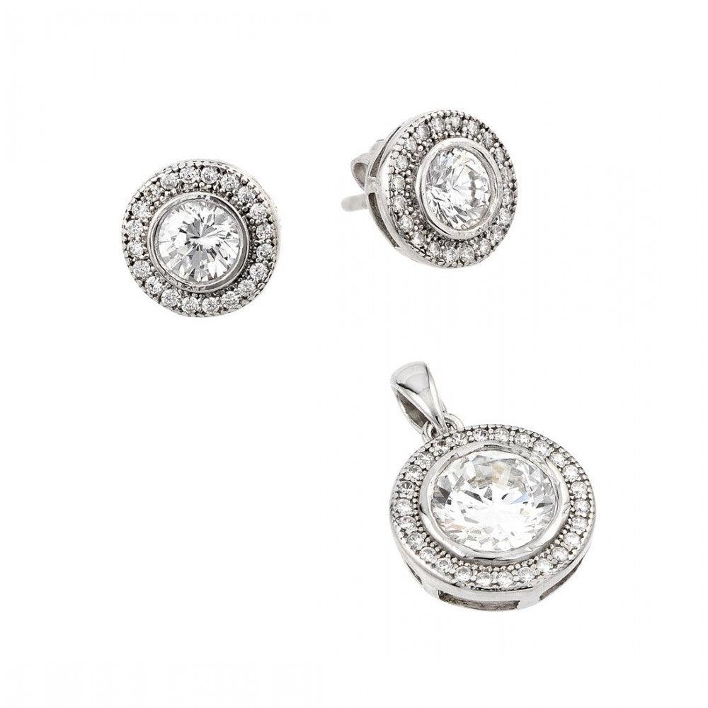 Rhodium Plated 925 Sterling Silver Round Micro Pave Pendant and Matching Earring Set - GMS00003RH