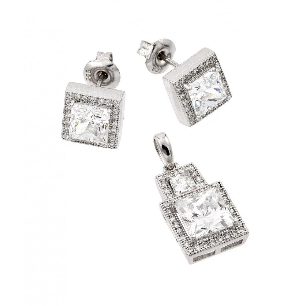 Silver 925 Rhodium Plated Clear Square Micro Pave CZ Stud Earring and Dangling Necklace Set - GMS00004RH