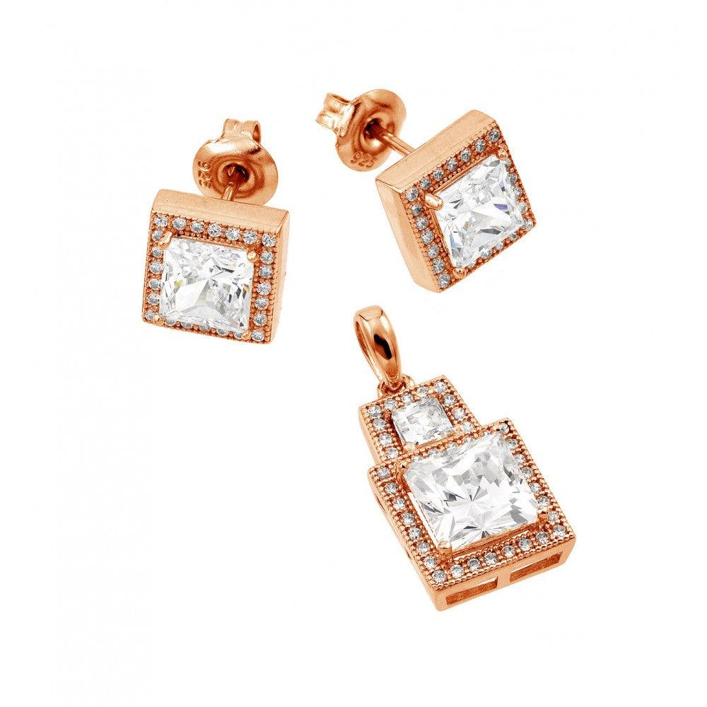 Rose Gold Plated 925 Sterling Silver Clear Square Micro Pave CZ Stud Earring and Dangling Necklace Set - GMS00004RGP