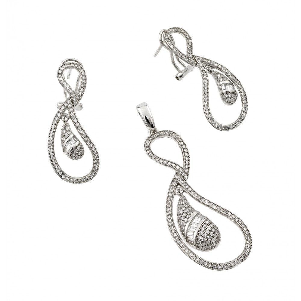 Silver 925 Rhodium Plated Clear Open Loop Eggplant CZ Dangling Stud Earring and Necklace Set - GMS00005