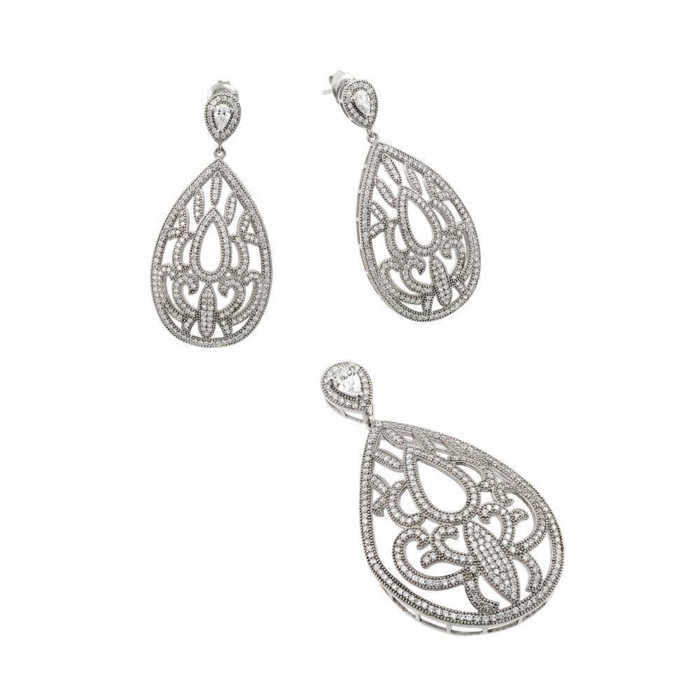 Silver 925 Rhodium Plated Clear Filigree Micro Pave CZ Dangling Stud Earring and Necklace Set - GMS00007RH