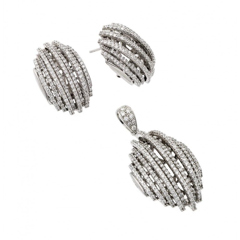 Silver 925 Rhodium Plated Clear Puffed Button CZ Stud Earring and Dangling Necklace Set - GMS00008RH