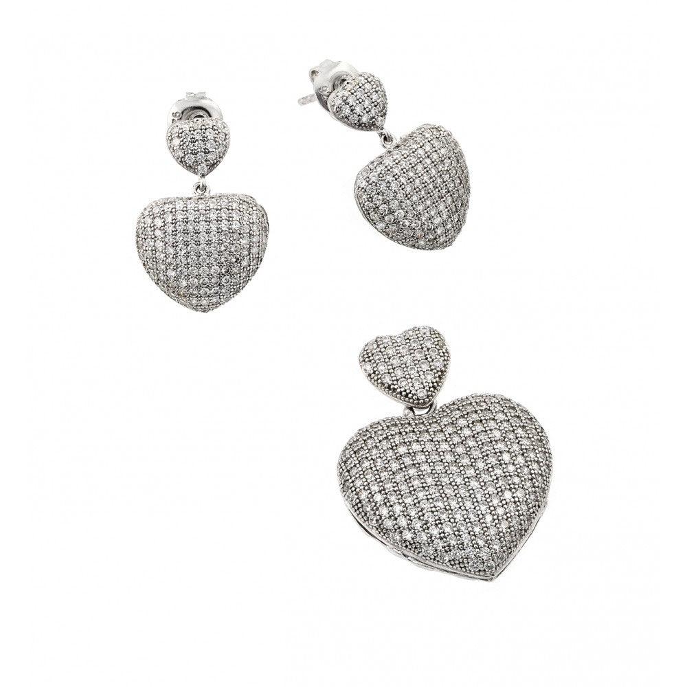 Silver 925 Rhodium Plated Clear Micro Pave Heart CZ Dangling Stud Earring and Dangling Necklace Set - GMS00009RH