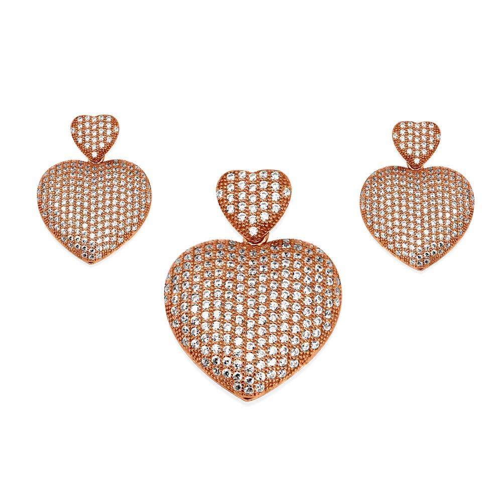 Rose Gold Plated 925 Sterling Silver Clear Micro Pave Heart CZ Dangling Stud Earring and Dangling Necklace Set - GMS00009RGP