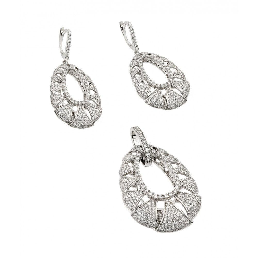 Silver 925 Rhodium Plated Clear Micro Pave Open Puff Teardrop CZ Dangling Stud Earring and Dangling Necklace Set - GMS00013RH