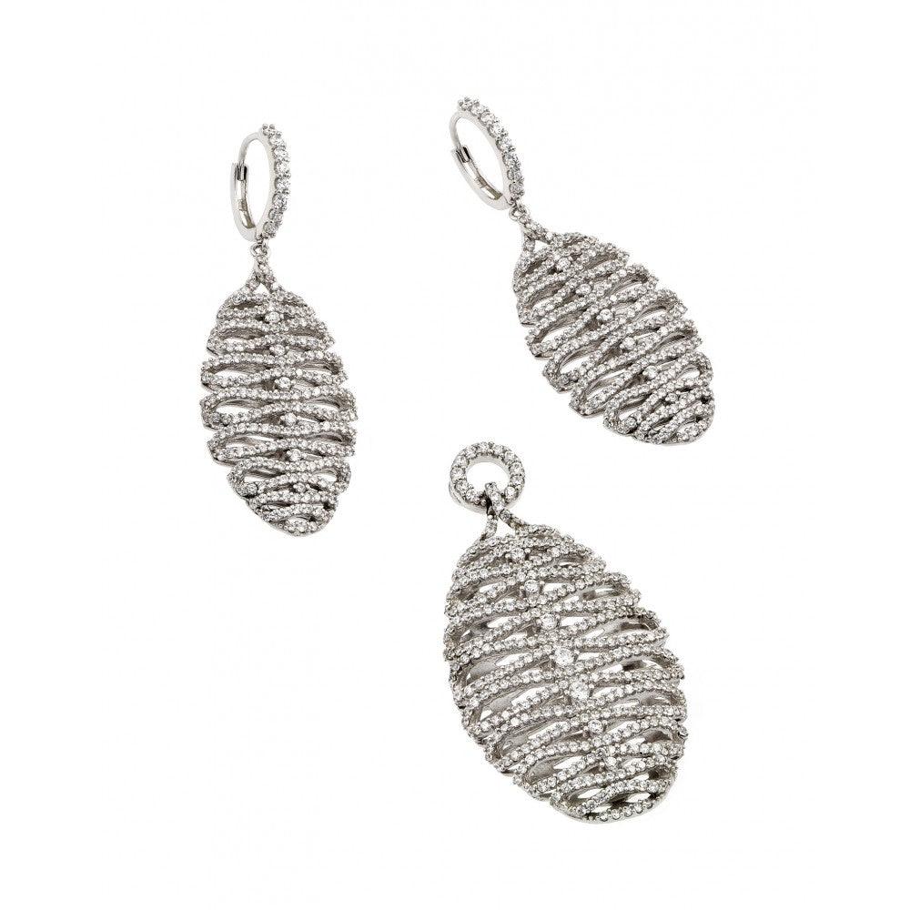 Silver 925 Rhodium Plated Clear Micro Pave Skeletal Oval CZ Dangling Stud Earring and Dangling Necklace Set - GMS00014RH