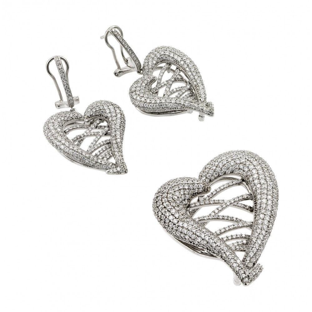 Silver 925 Rhodium Plated Clear Micro Pave Open Heart CZ Dangling Stud Earring and Necklace Set - GMS00015RH