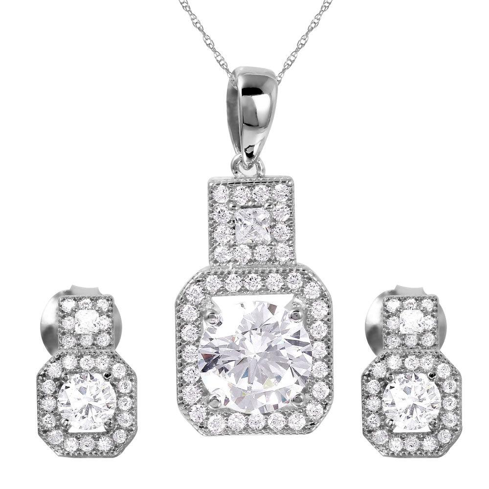 Silver 925 Rhodium Plated Thick Square Clear CZ Set - GMS00019RH