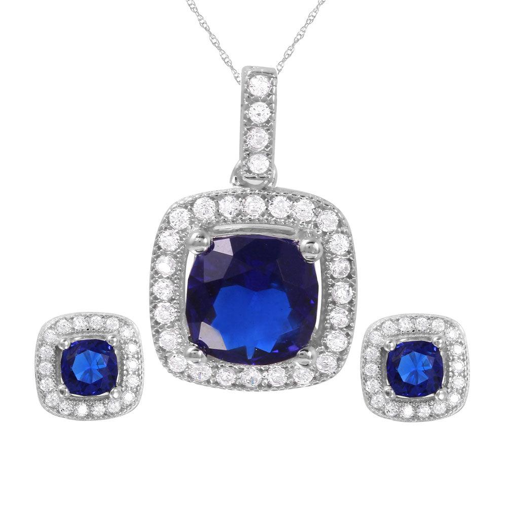 Silver 925 Rhodium Plated Square Blue CZ Set - GMS00020-SEP