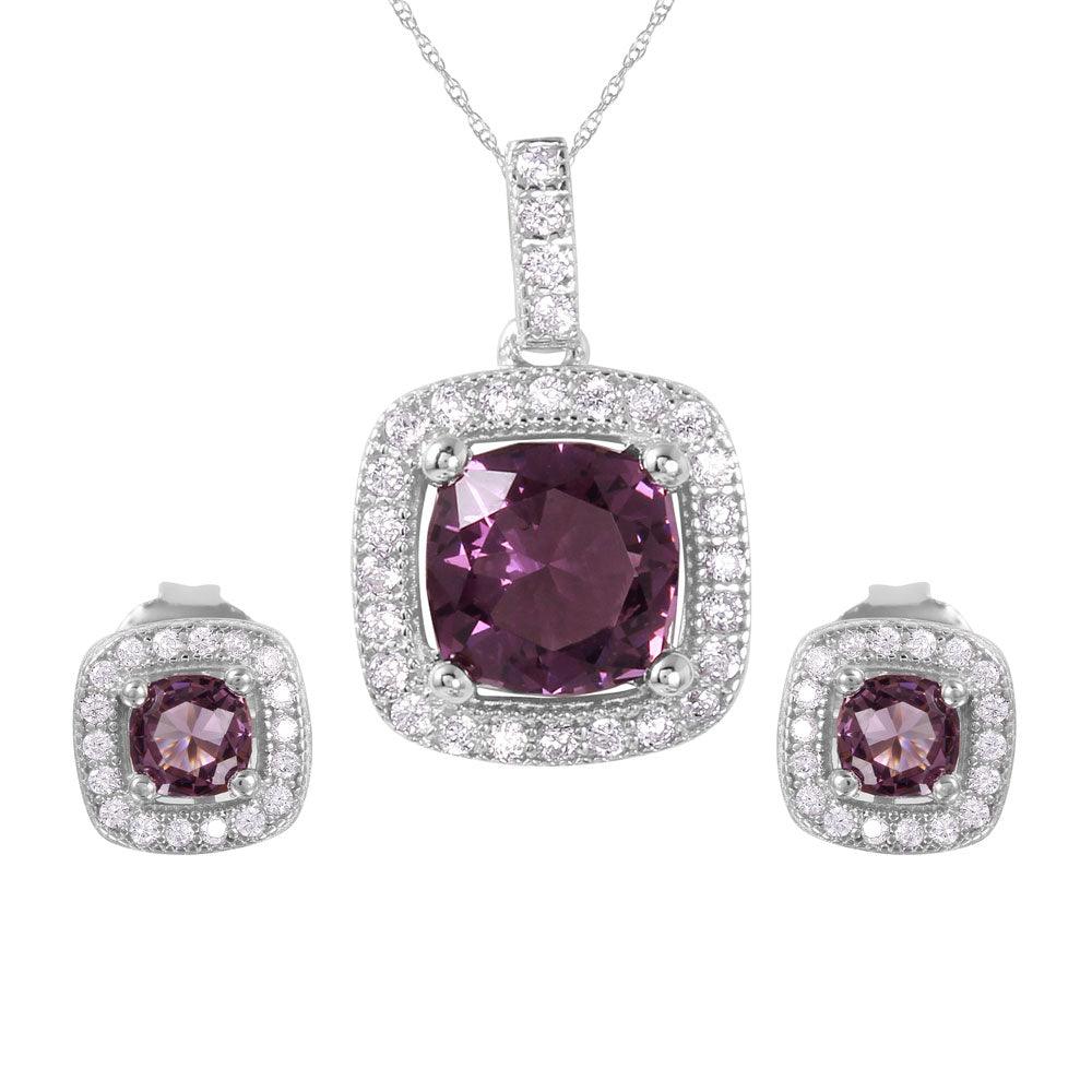 Silver 925 Rhodium Plated Square Purple CZ Set - GMS00020RH-FEB