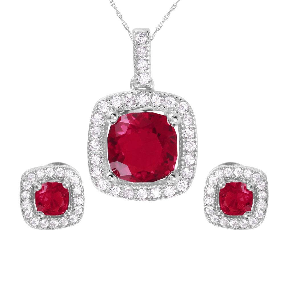 Silver 925 Rhodium Plated Square Red CZ Set - GMS00020RH-JUL