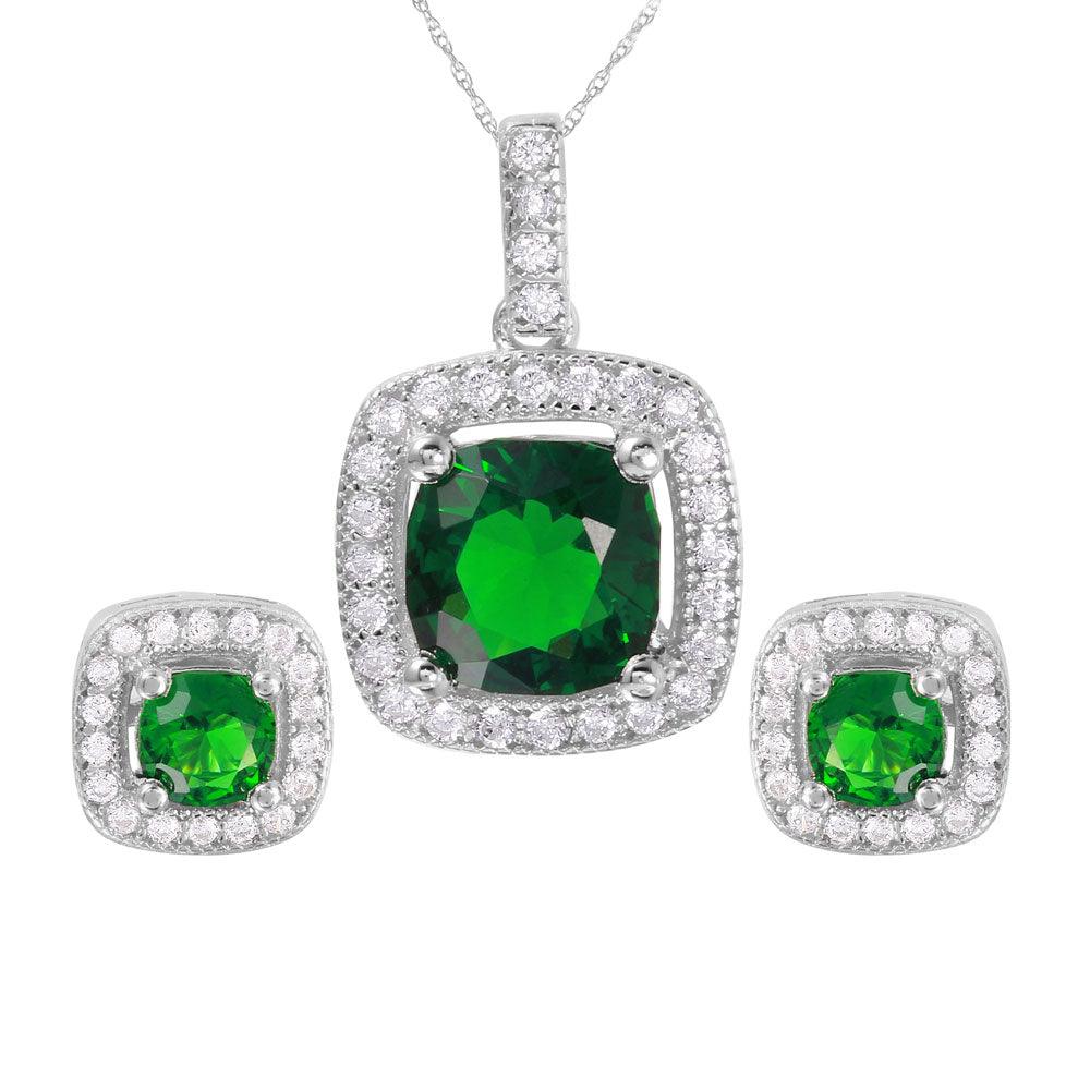 Silver 925 Rhodium Plated Square Green CZ Set - GMS00020-MAY