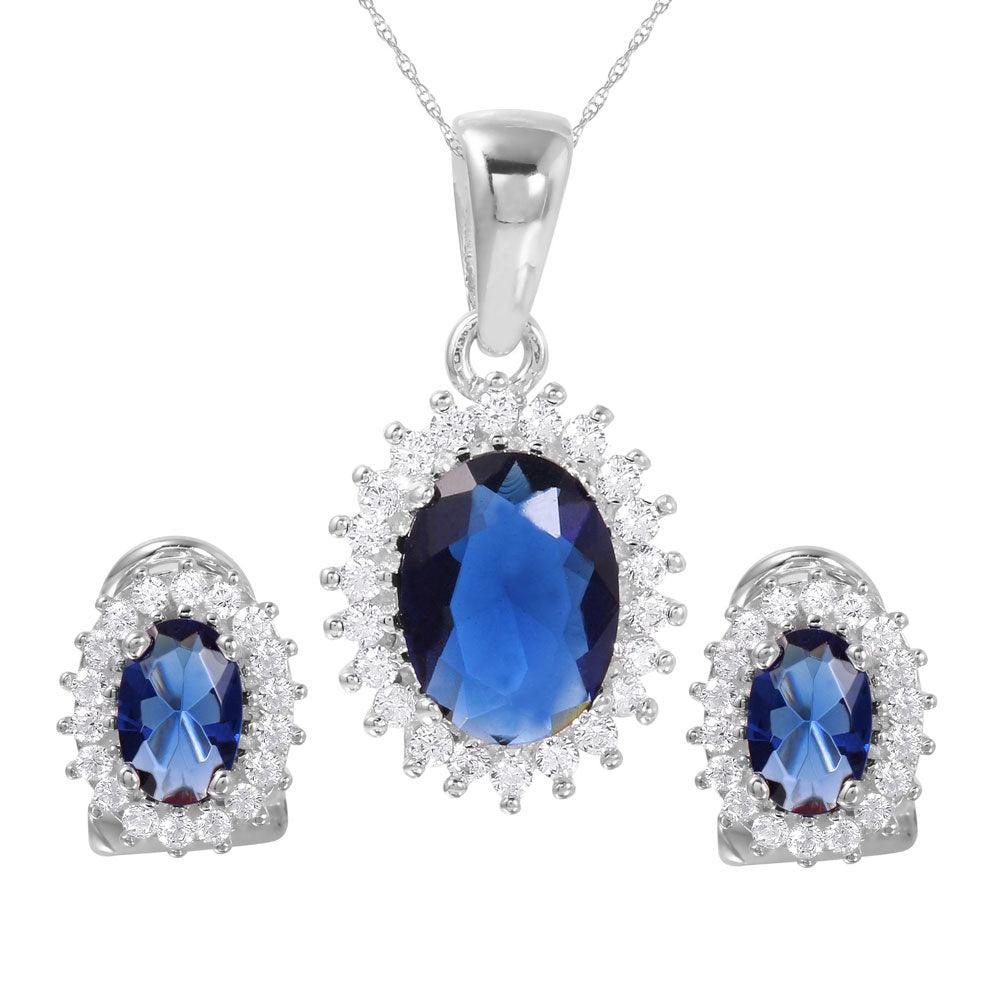 Silver 925 Rhodium Plated Radial Burst Blue CZ Set - GMS00021-SEP