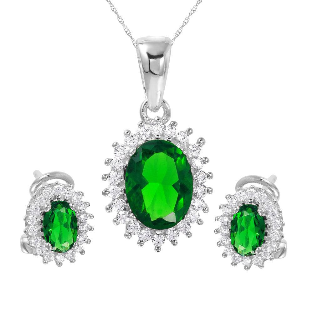 Silver 925 Rhodium Plated Radial Burst Green CZ Set - GMS00021-MAY