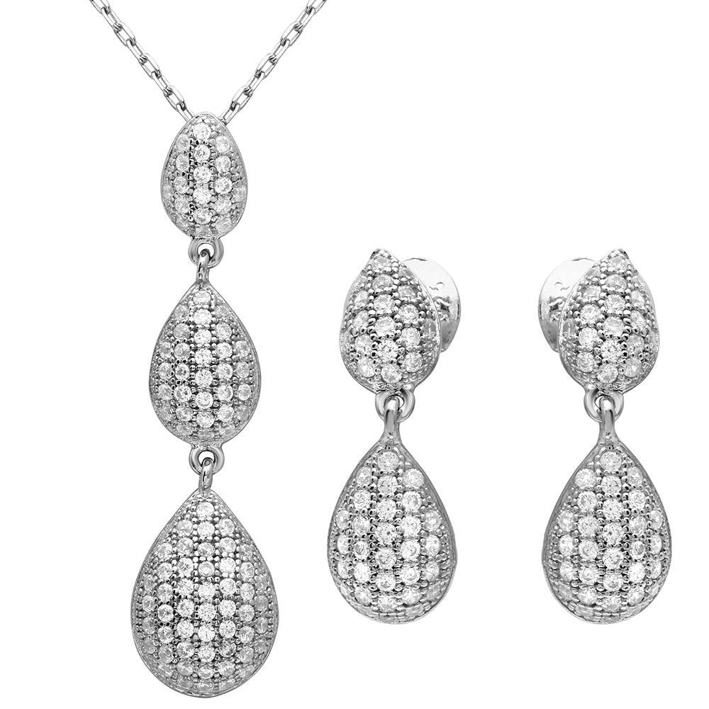 Rhodium Plated 925 Sterling Silver CZ Encrusted Teardrop Set - GMS00022RH