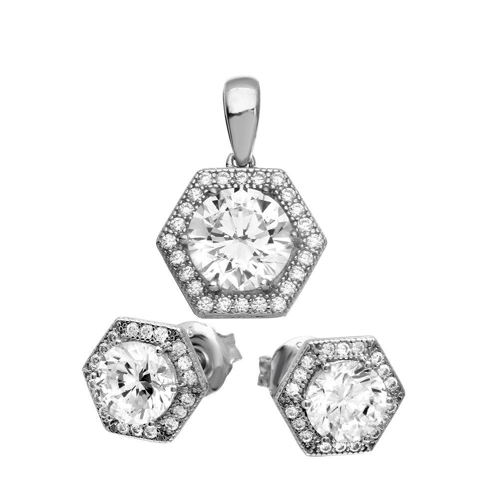 Rhodium Plated 925 Sterling Silver 6 Sized Halo Pendant and Earrings Set - GMS00023RH