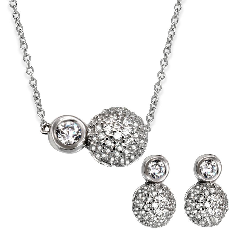 Rhodium Plated 925 Sterling Silver Half CZ Sphere and Round CZ Connected Set - GMS00024RH