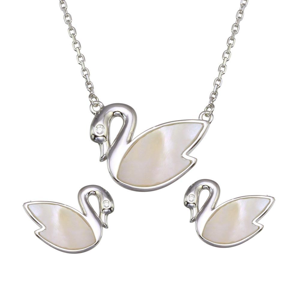 Rhodium Plated 925 Sterling Silver Synthetic Mother of Pearl Swan Set - GMS00028