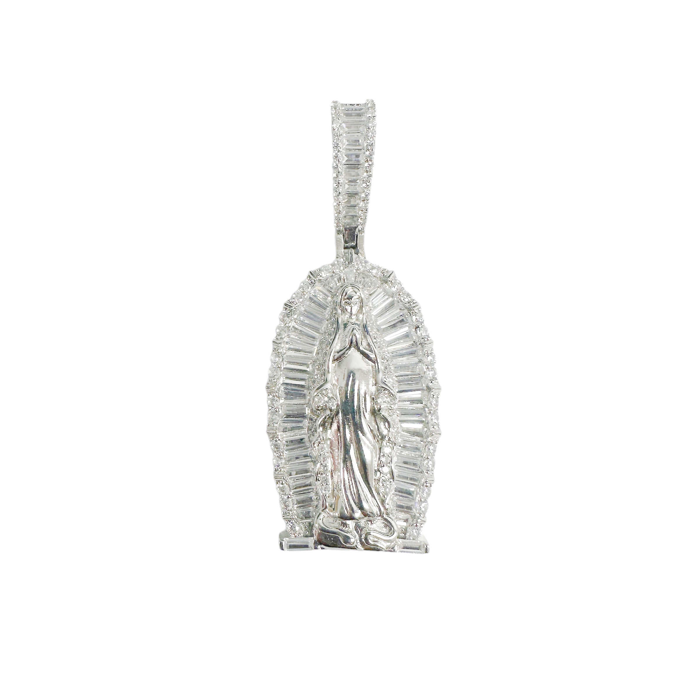 Rhodium Plated 925 Sterling Silver Our Lady Of Guadalupe Baguette Clear CZ 35mm Pendant - SLP00384