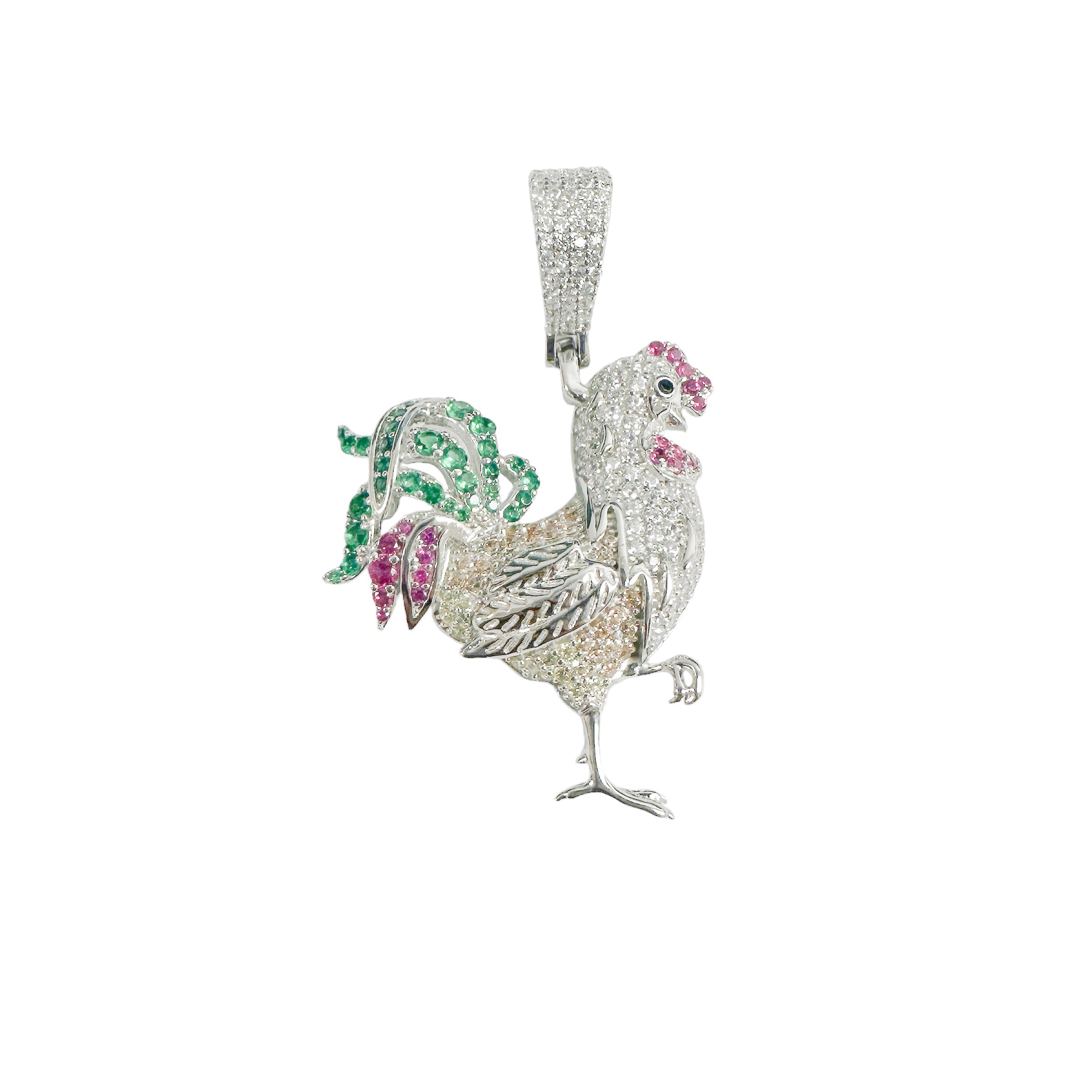 Rhodium Plated 925 Sterling Silver Chicken Multicolor CZ Pendant - SLP00388