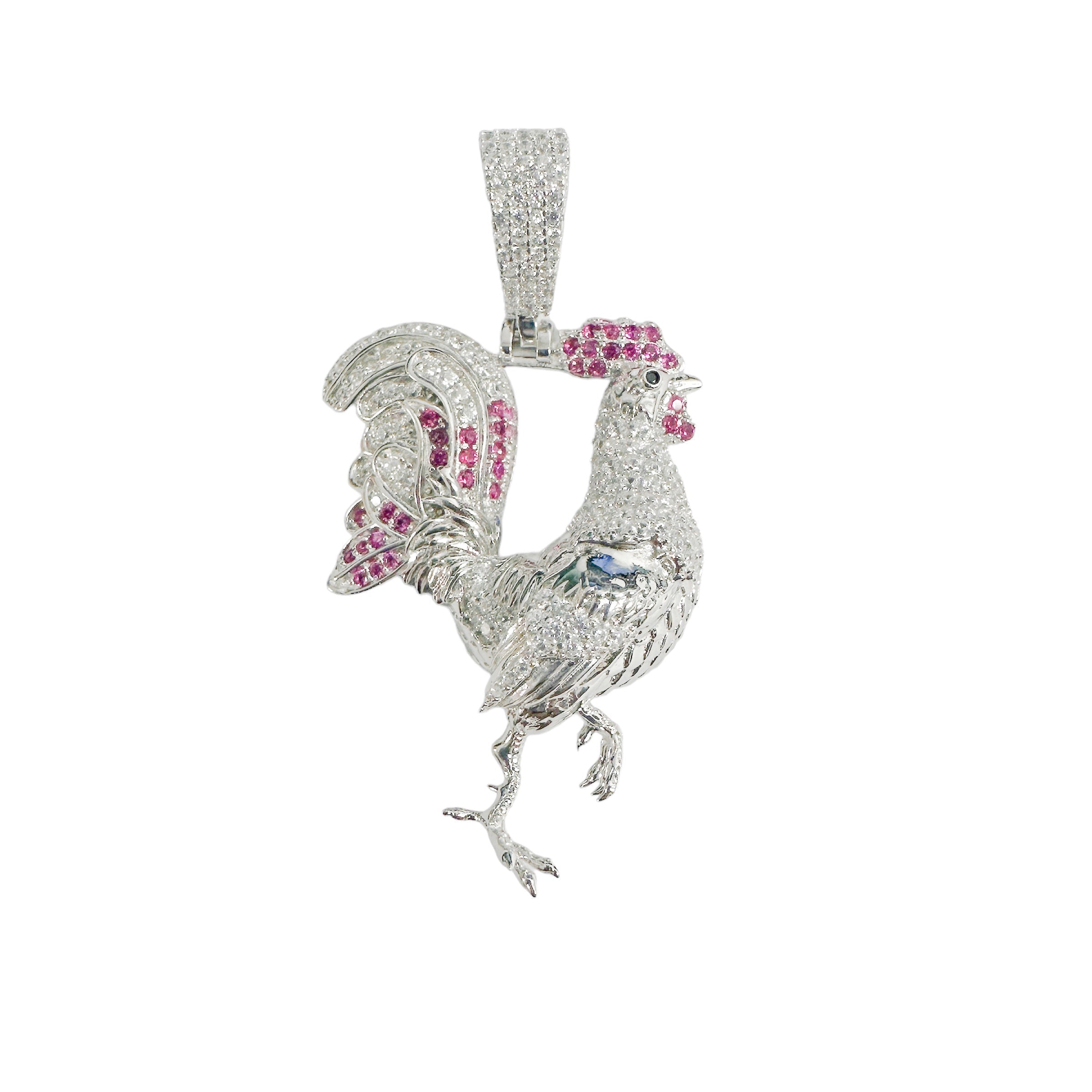 Rhodium Plated 925 Sterling Silver Rooster Red and Clear CZ Pendant - SLP00389